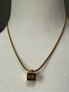 Vintage Christian Dior Cube Pendant with CD Logo, Gold Plated Necklace